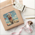 Adesivo Quadrado Wolfhound Dog Christmas Vintage Beach<br><div class="desc">Traga o calor dos feriados para a costa com esta charmosa design inspirada na vintagem, que apresenta um cão festivo sentado numa praia serena. Com um clássico toque de feriado de tons nostálgicos e vibrações costeiras, esta trabalho de arte captura a magia do Natal pelo mar. Perfeito para espalhar alegria...</div>