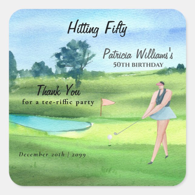Adesivo Quadrado Woman Golf Player Hitting Fifty 50th Birthday (Frente)