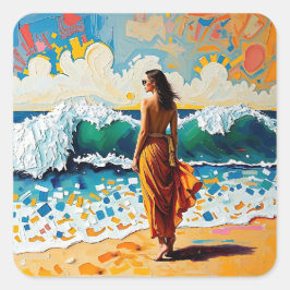 Adesivo Quadrado Woman on Beach Abstract Seaside Art