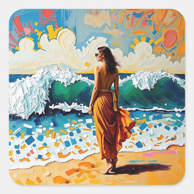Adesivo Quadrado Woman on Beach Abstract Seaside Art (Frente)