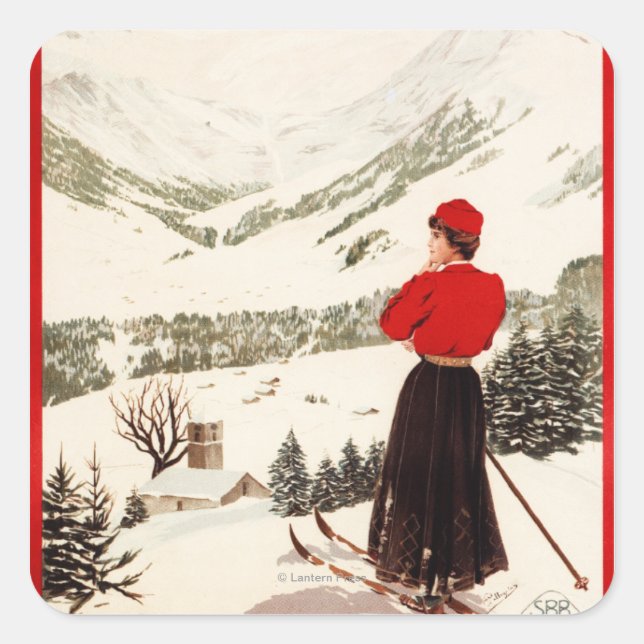Adesivo Quadrado Woman Skier Overlook Adelboden Poster (Frente)