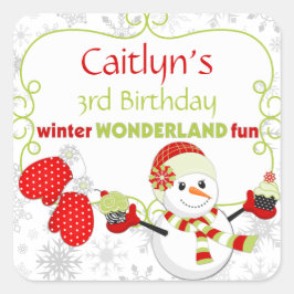 Adesivo Quadrado Wonderland Birthday Snowman Mittens
