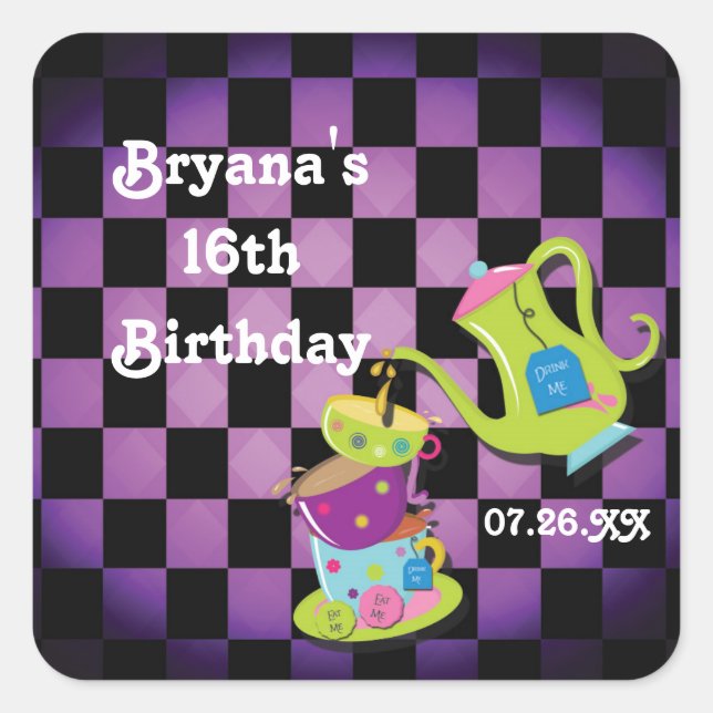 Adesivo Quadrado Wonderland Whimsical Mad Tea Party Sticker (Frente)