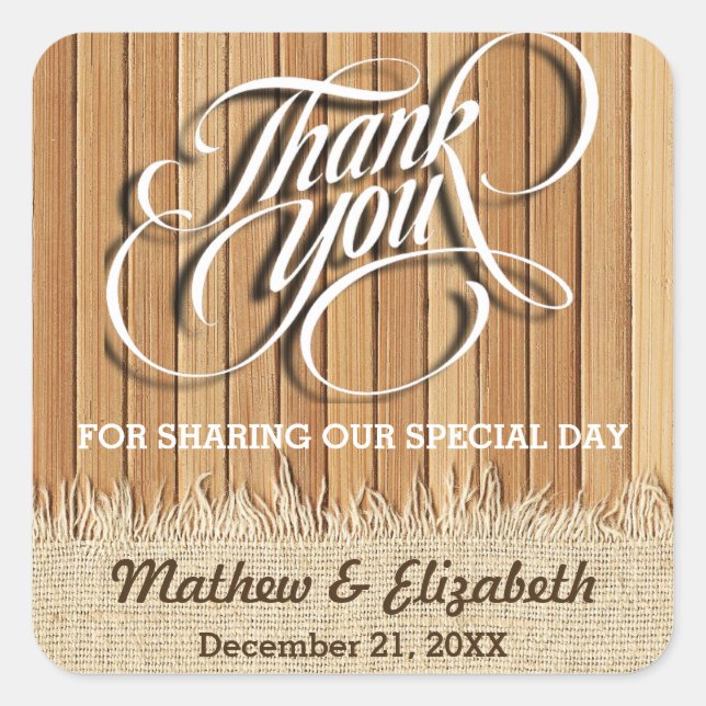 Adesivo Quadrado Wood Burlap Obrigado Casamento (Frente)