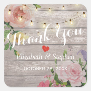 Adesivo Quadrado Wood Floral String Lights Weding Favor Obrigado