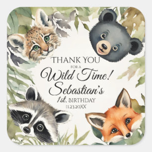 Adesivo Quadrado Woodland Animal Birthday Obrigado