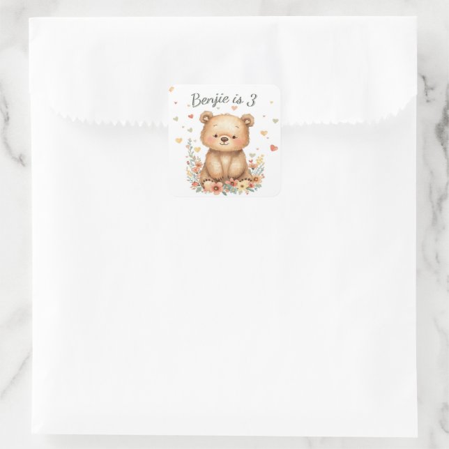 Adesivo Quadrado Woodland Animal Cute Bear Pastel Hearts Floral (Bolsa)