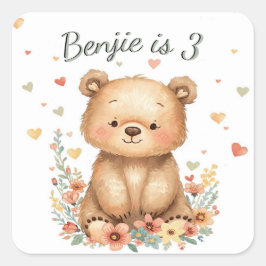 Adesivo Quadrado Woodland Animal Cute Bear Pastel Hearts Floral