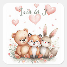 Adesivo Quadrado Woodland Animals Bear Fox Bunny Pink Hearts Girl  