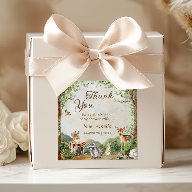 Adesivo Quadrado Woodland Baby Shower Thank You Forest Animals (Criador carregado)