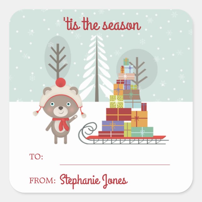 Adesivo Quadrado Woodland Bear Christmas (Frente)