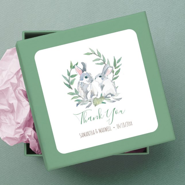 Adesivo Quadrado Woodland Bunny Obrigado Favor (Thank You Favor Square Sticker Woodland Bunny watercolor art by Victoria Grigaliunas)