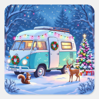 Adesivo Quadrado Woodland Creatures and Retro RV Camper