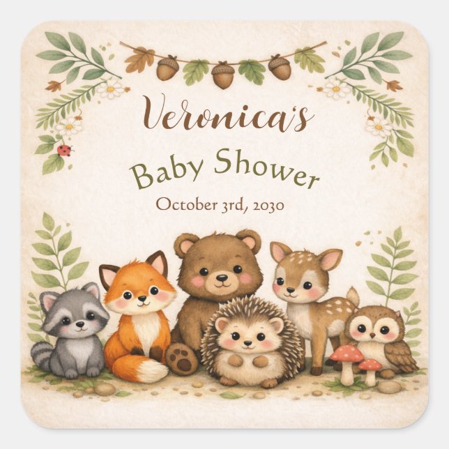 Adesivo Quadrado Woodland Forest Animal Baby Shower (Frente)