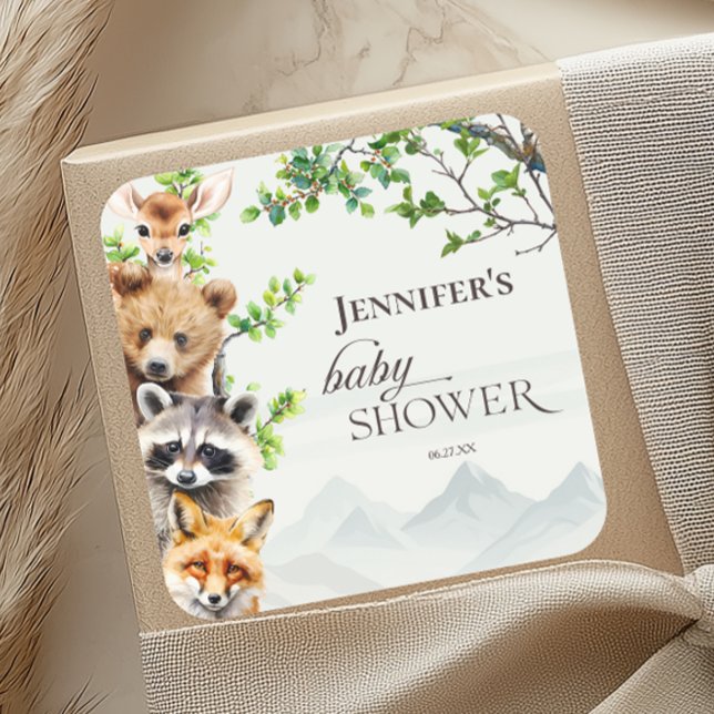 Adesivo Quadrado Woodland Forest Animals Baby Shower Favor (Criador carregado)