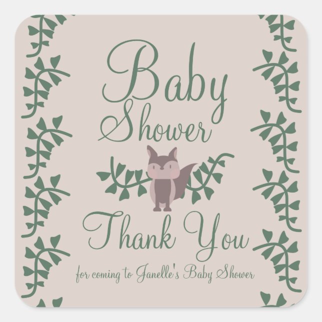 Adesivo Quadrado Woodland Fox Greenery Chá de fraldas Rustic (Frente)