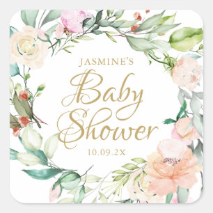 Adesivo Quadrado Woodland Roses Gold Script Baby Shower