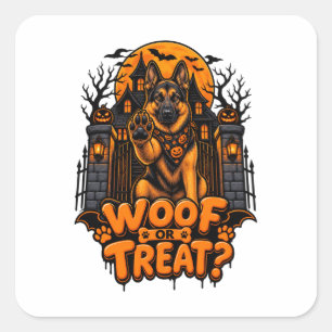 Adesivo Quadrado Woof Ou Doce Pastor Alemão Halloween Cachorro Engr