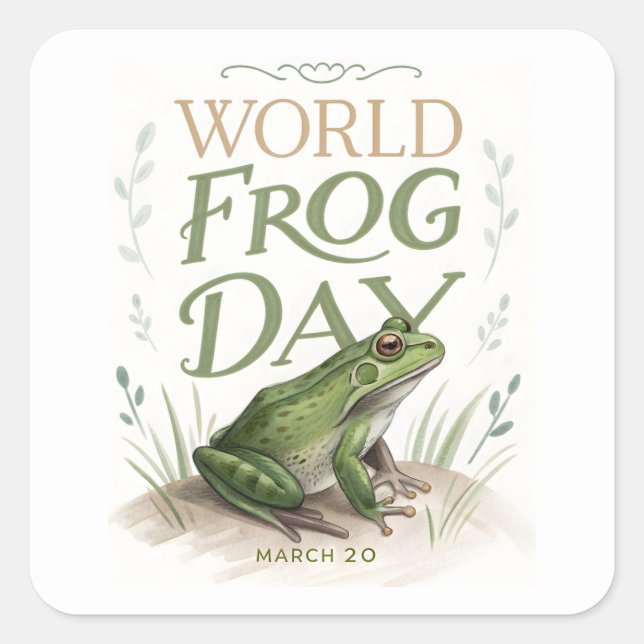 Adesivo Quadrado World Frog Day Watercolor Nature Art (Frente)
