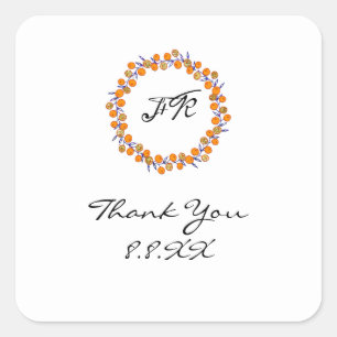 Adesivo Quadrado Wreath White Obrigado Monograma Dourado Laranja Az