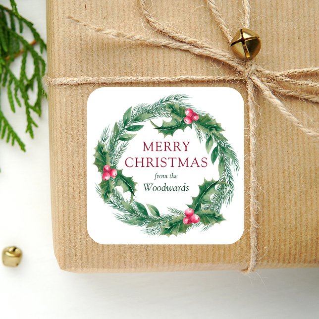 Adesivo Quadrado Wreath Winter Sprigs Wreath Merry Christmas Waterc (Criador carregado)