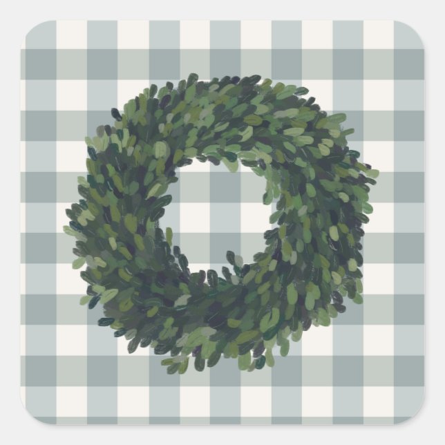 Adesivo Quadrado Xadrez Boxwood Wreath Farmhouse Gingham Na moda (Frente)