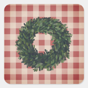 Adesivo Quadrado Xadrez Boxwood Wreath Farmhouse Gingham Na moda