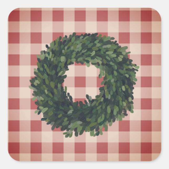 Adesivo Quadrado Xadrez Boxwood Wreath Farmhouse Gingham Na moda (Frente)
