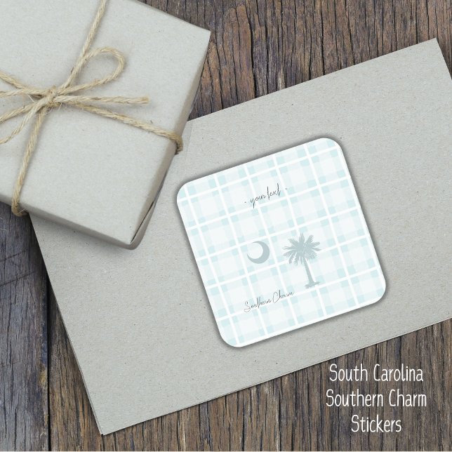 Adesivo Quadrado Xadrez da Carolina do Sul, Palm Tree & Moon (Seal your packages & envelopes with these personalized stickers. South Carolina flag, Southern Charm)
