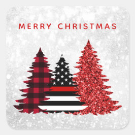 Adesivo Quadrado Xadrez Vermelha da Árvore de Natal do Bombeiro