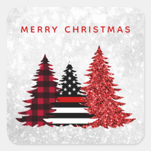 Adesivo Quadrado Xadrez Vermelha da Árvore de Natal do Bombeiro