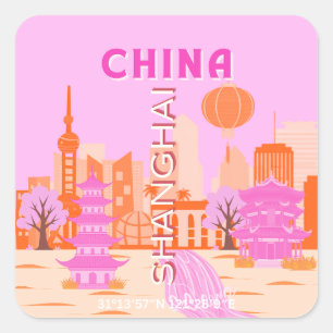 Adesivo Quadrado Xangai China Viagem de Arte Rosa