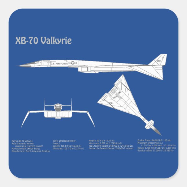 Adesivo Quadrado XB-70 Valkyrie - Planos de avião Blueprint ABD (Frente)