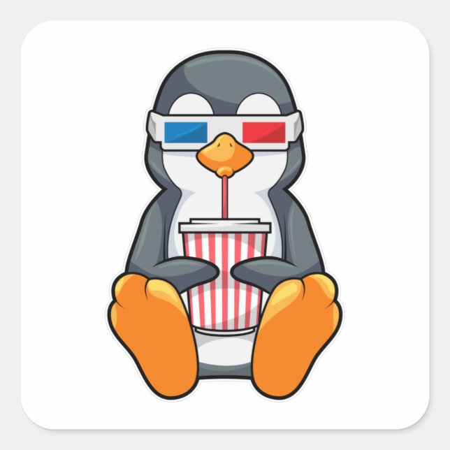 Adesivo Quadrado Xícara de Bebendo dos Óculos de cinema pinguins (Frente)