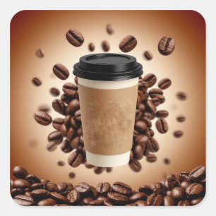 Adesivo Quadrado Xícara de café flutuante com grãos de café