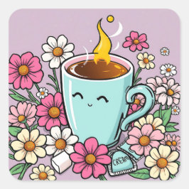 Adesivo Quadrado Xícara de café quente e flores