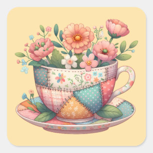 Adesivo Quadrado Xícara de Chá em Patchwork com Flores Caprichosas