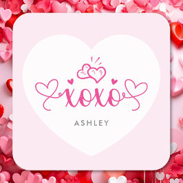 Adesivo Quadrado XOXO Elegant Script Pink Hearts Dia de os namorado