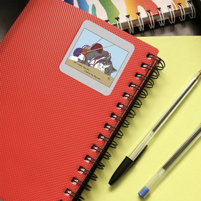 Adesivo Quadrado Yarn Knitting Engraçado Cat (Criador carregado)