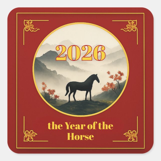 Adesivo Quadrado Year of the Horse 2026 Chinese New Year Mountain  (Frente)