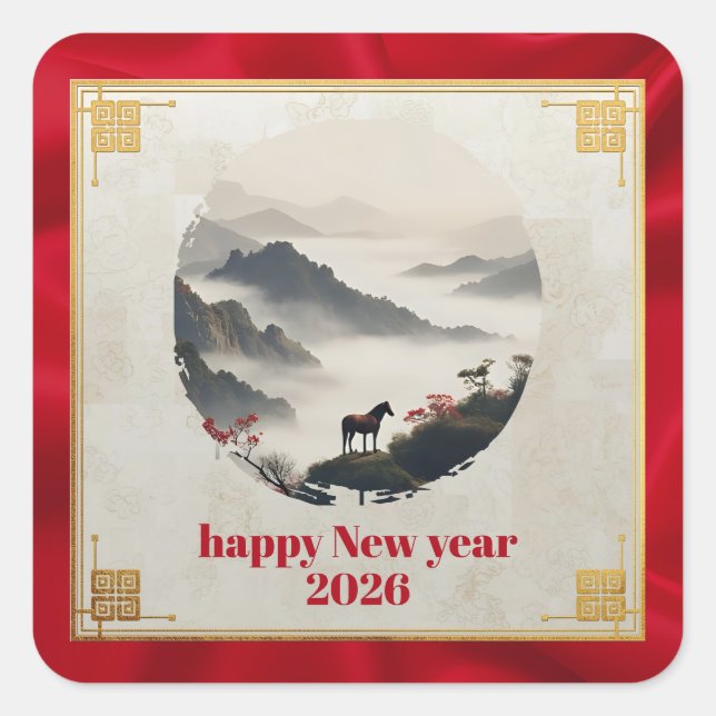 Adesivo Quadrado Year of the Horse 2026 Chinese New Year Mountain  (Frente)