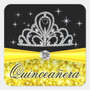 Adesivo Quadrado Yellow Black Princess Tiara Quinceanera Bling