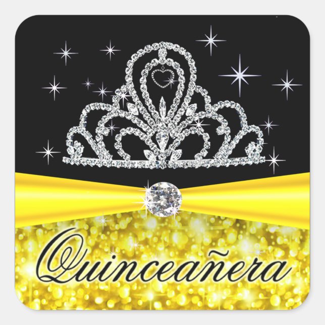Adesivo Quadrado Yellow Black Princess Tiara Quinceanera Bling (Frente)