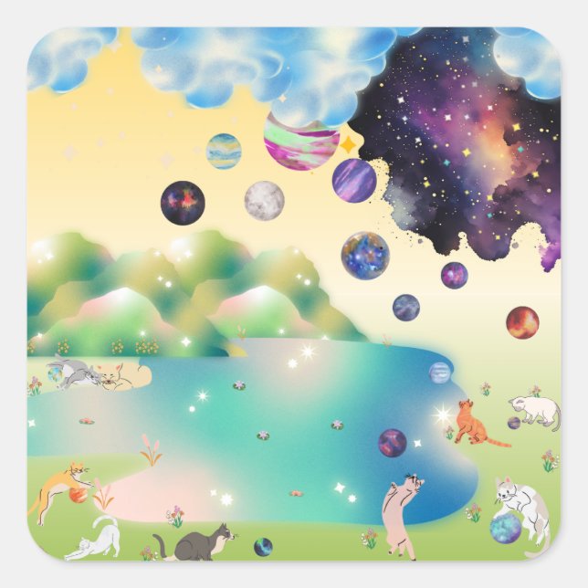 Adesivo Quadrado Yellow Green Blue Purple Cats Playing Planets  (Frente)