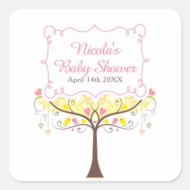 Adesivo Quadrado Yellow Pink Floral Bird Baby Shower  (Frente)