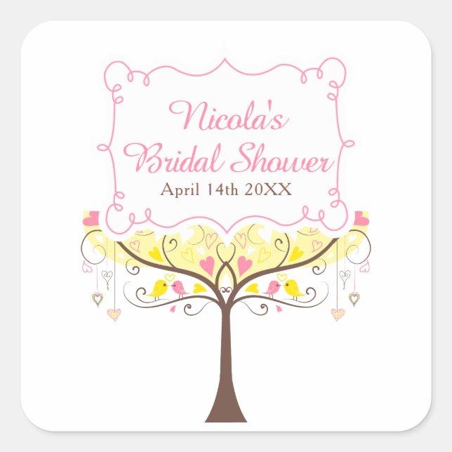 Adesivo Quadrado Yellow Pink Floral Bird Bridal Shower  (Frente)