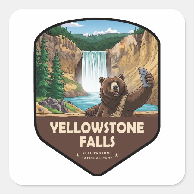 Adesivo Quadrado Yellowstone Falls Bear Selfie Shield (Frente)