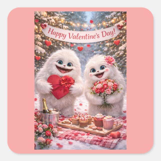 Adesivo Quadrado Yeti Sasquatch Couple Valentine's Day Stickers (Frente)