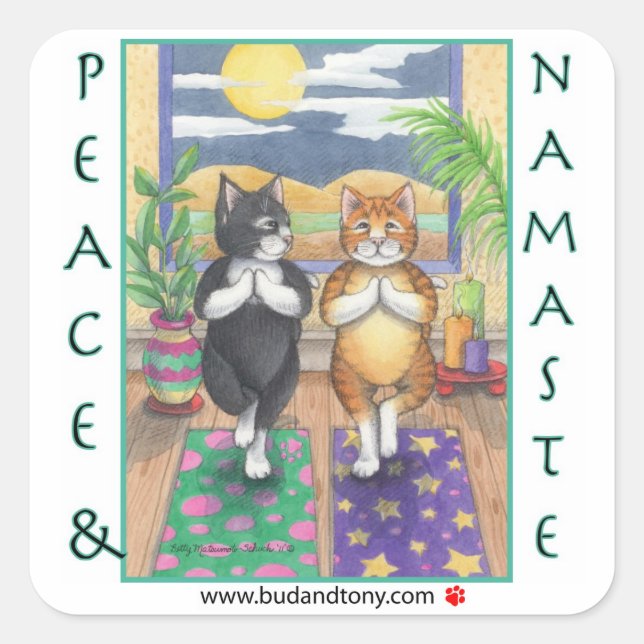 Adesivo Quadrado Yoga Cats Bud & Tony Sticker (Frente)