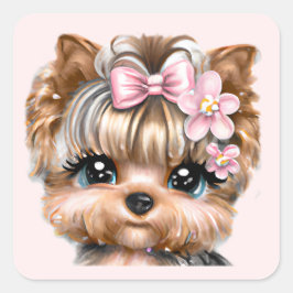 Adesivo Quadrado Yorkie bonito com um Arco rosa